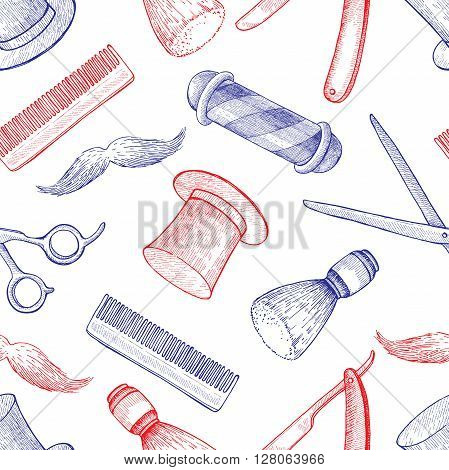 Vector vintage hand drawn Barber Shop seamless pattern. Detailed background. Mustage scissors ribbon whisker and lettering styled text. Design elements for background banner poster template.
