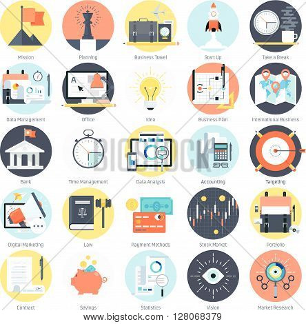 Business Theme, Flat Style, Colorful, Vector Icon Set