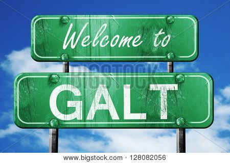 galt vintage green road sign with blue sky background