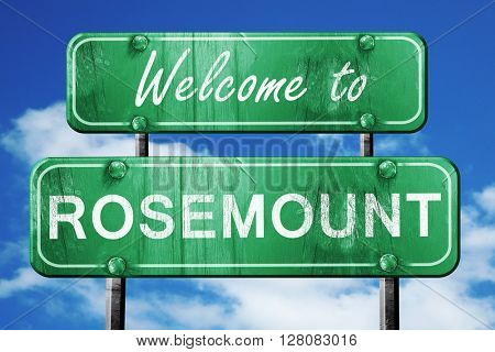 rosemount vintage green road sign with blue sky background