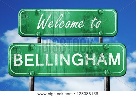 bellingham vintage green road sign with blue sky background