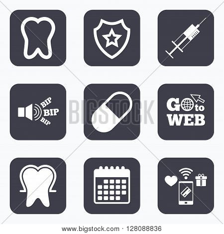Mobile payments, wifi and calendar icons. Tooth enamel protection icons. Medical syringe and pill signs. Medicine injection symbol. Go to web symbol.
