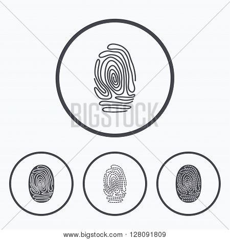 Fingerprint icons. Identification or authentication symbols. Biometric human dabs signs. Icons in circles.