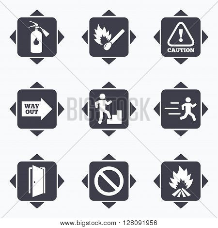 Icons with direction arrows. Fire safety, emergency icons. Fire extinguisher, exit and attention signs. Caution, water drop and way out symbols. Square buttons.