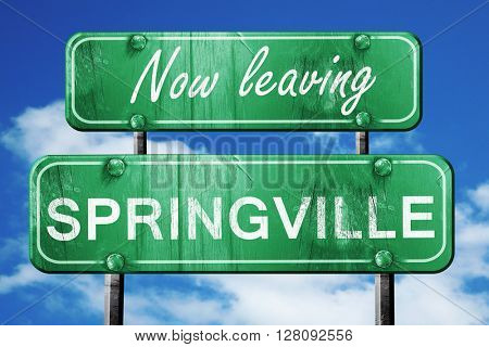 Leaving springville, green vintage road sign with rough letterin