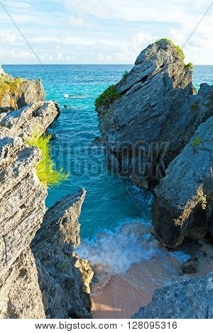 View of ocean cave rock formations located on the island of Bermuda at Jobsons Cove near Warwick Long Bay Beach