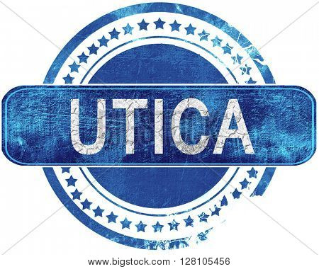 utica grunge blue stamp. Isolated on white.