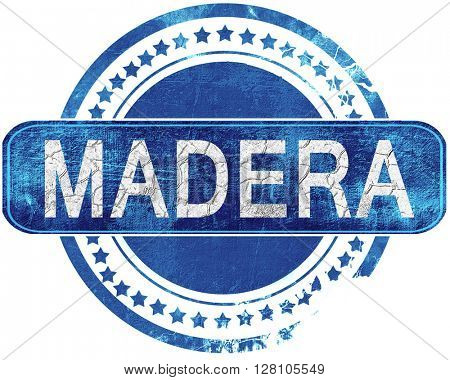 madera grunge blue stamp. Isolated on white.