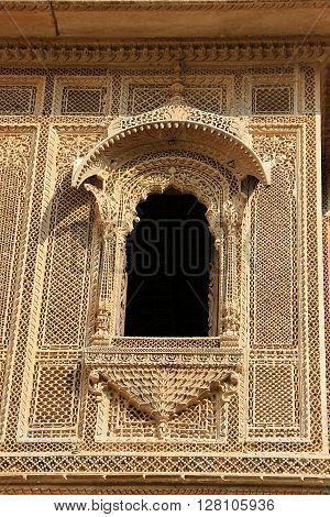 Highly delicate and intricate stone carving of Patawon-ki-Haweli at Jaisalmer Rajasthan India Asia