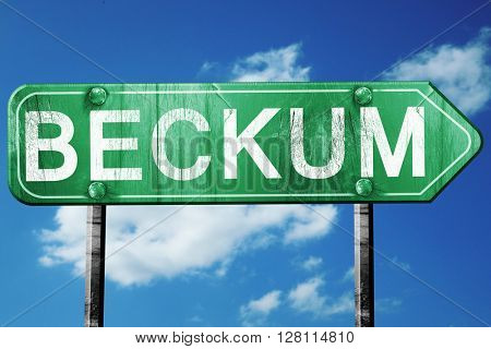Beckum road sign, 3D rendering, vintage green with clouds backgr