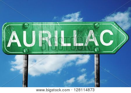 aurillac road sign, 3D rendering, vintage green with clouds back