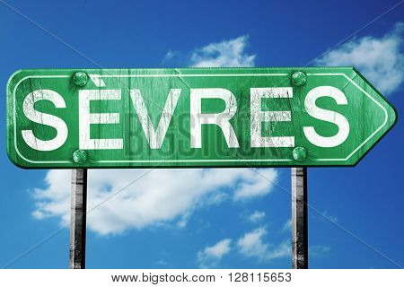 sevres road sign, 3D rendering, vintage green with clouds backgr