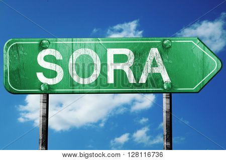 Sora road sign, 3D rendering, vintage green with clouds backgrou