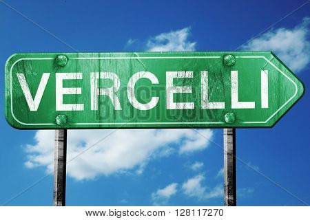 Vercelli road sign, 3D rendering, vintage green with clouds back