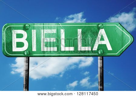 Biella road sign, 3D rendering, vintage green with clouds backgr