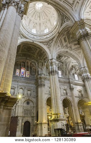 JAEN, SPAIN - may 2 2016: Detail of vault center of the main nave that covers the choir in the Cathedral of Jaen, works of Andres de Vandelvira, influence that he exercised in many churches built in America in the second half of the XVI century, Spain