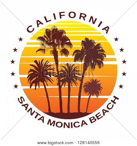 Travel Background for Santa Monica, California. Exotic Print with Palm Trees for T-Shirt.