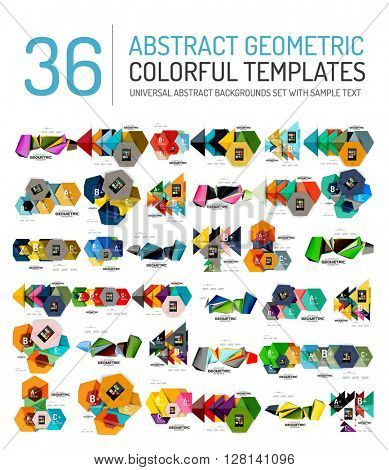 Collection of abstract backgrounds - colorful textured glossy geometric shape compositions with infographics option sample text, repetition of elements. Colorful geometric universal template, bright
