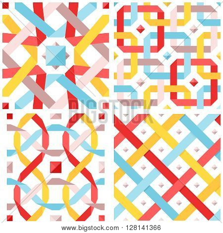 Chic vector seamless pattern with flat ribbons. Geometric background with interwoven pastel colored strips. Vector illustration. Blue red and yellow crossed tape. Colorful modern seamless background