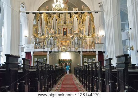Kaliningrad, Russia - July 1, 2010: Inside view of cathedral hall with pipe organ on kant island