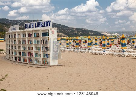 ALBENA BULGARIA - SEPTEMBER 7 2014 : Library on the beach in Albena. Luxury resort near Varna Bulgaria
