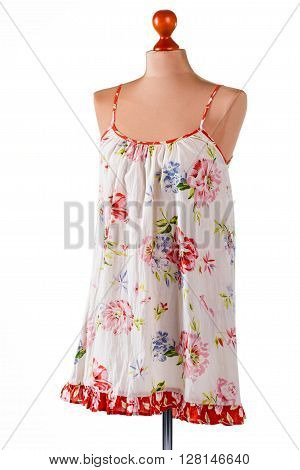 Casual floral sarafan. Female mannequin in summer sarafan. Flax clothing for upcoming season. Woman's trendy sarafan on sale.