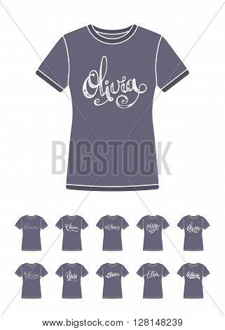 Personal name Olivia. Vector handwritten calligraphy T-Shirt design set