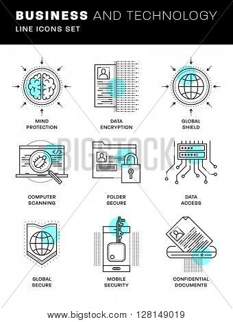 Thin Line Icons Set. Simple Linear Pictogram Collection for Web Design. Stroke Logo Concept Pack. Computer, Data, Payments Security. Confidential Messages Encription. Vector Illustration