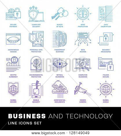 Thin Line Icons Set. Simple Linear Pictogram Collection for Web Design. Stroke Logo Concept Pack. Computer, Data, Payments Security. Confidential Messages Encription. Vector Illustration