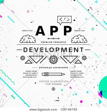 App Development Typographic Label Concept. Thin Line Flat Style for Business Logo, Posters, Placards, Presentations and Websites Design. Concrete Wall Texture