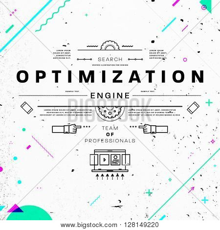 Search Engine Optimization, SEO Typographic Label Concept. Thin Line Flat Style for Business Logo, Posters, Placards, Presentations and Websites Design. Concrete Wall Texture