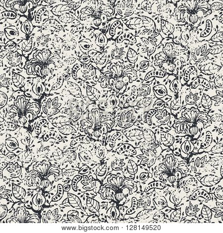 Worn abstract floral hand drawn seamless pattern, vector illustration