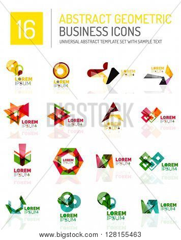 Abstract geometric business logo icon set. Colorful geometrical figure compositions with light effects - triangles circles rings arrows lines