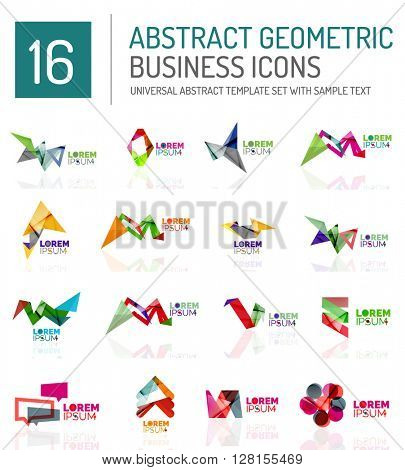 Abstract geometric business logo icon set. Colorful geometrical figure compositions with light effects - triangles circles rings arrows lines