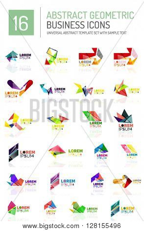Abstract geometric business logo icon set. Colorful geometrical figure compositions with light effects - triangles circles rings arrows lines