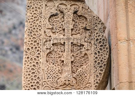 Sacred place at Ancient monastery Noravank in the mountains in Amaghu valley, Armenia. Was founded in 1205. 