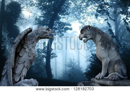 Ancient eagle statue and lion statues in mysterious landscape of foggy forest 