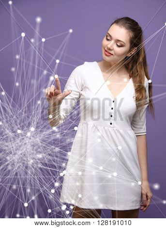 Global network concept, woman working with futuristic computer interface.