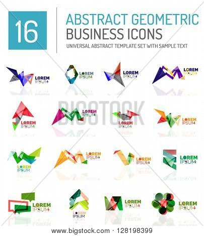 Abstract geometric business logo icon set. Colorful geometrical figure compositions with light effects - triangles circles rings arrows lines