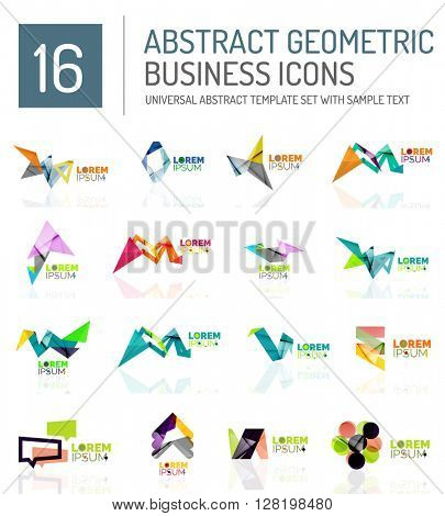 Abstract geometric business logo icon set. Colorful geometrical figure compositions with light effects - triangles circles rings arrows lines