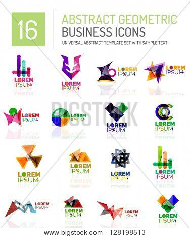 Abstract geometric business logo icon set. Colorful geometrical figure compositions with light effects - triangles circles rings arrows lines
