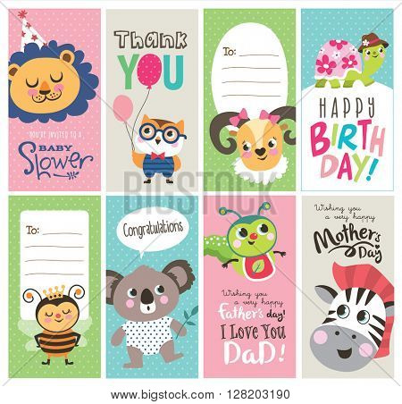 Set of greeting cards with cute cartoon animals