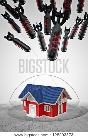 3d image of house under protection bubble and tax rocket