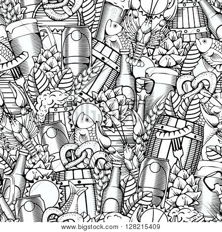 Beer Seamless Pattern in Outline Hand Drawn Doodle Style with Different Objects on Beer Theme. Beer and Snack. Black and White. All elements are separated and editable.  Vector Illustration. 