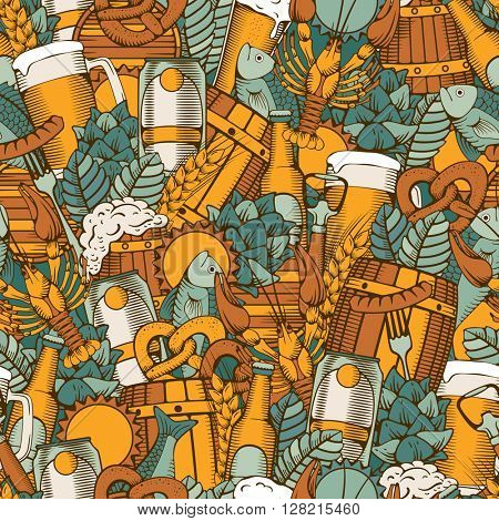 Beer Seamless Pattern in Outline Hand Drawn Doodle Style with Different Objects on Beer Theme. Beer and Snack. Colorful. All elements are separated and editable.  Vector Illustration. 