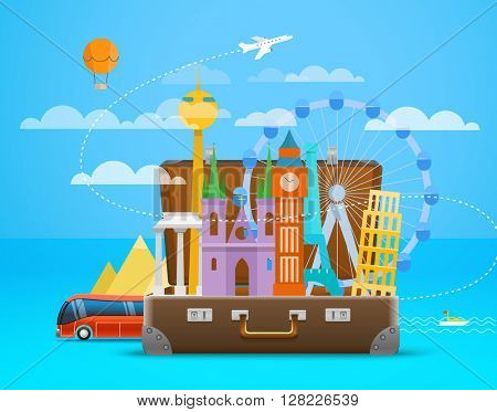Vacation travelling composition with the open bag. Touristic sighns concept