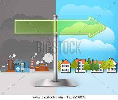 Green metal guide board and the cityscape. Go green concept