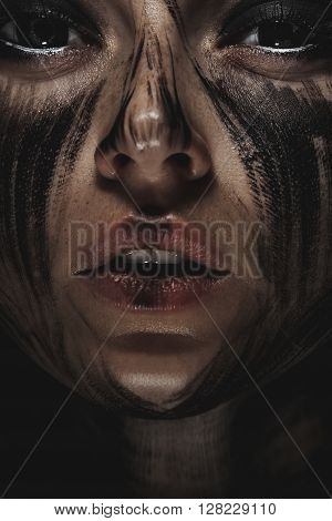 Scary portrait of the woman. Demon theme on Halloween