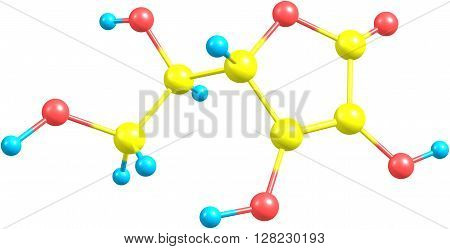 Structural model of Ascorbic Acid known as Vitamin C. Isolated on white background. 3d illustration