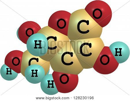 Structural model of Ascorbic Acid known as Vitamin C. Isolated on white background. 3d illustration